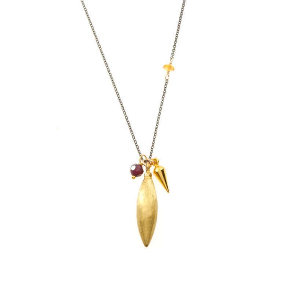 Brass Spike Pendant Necklace Oxidized Sterling Silver Chain Citrine Stone 30”L